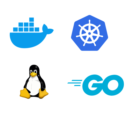 Logos of major container technologies - Docker, Kubernetes, Tux representing Linux and Go